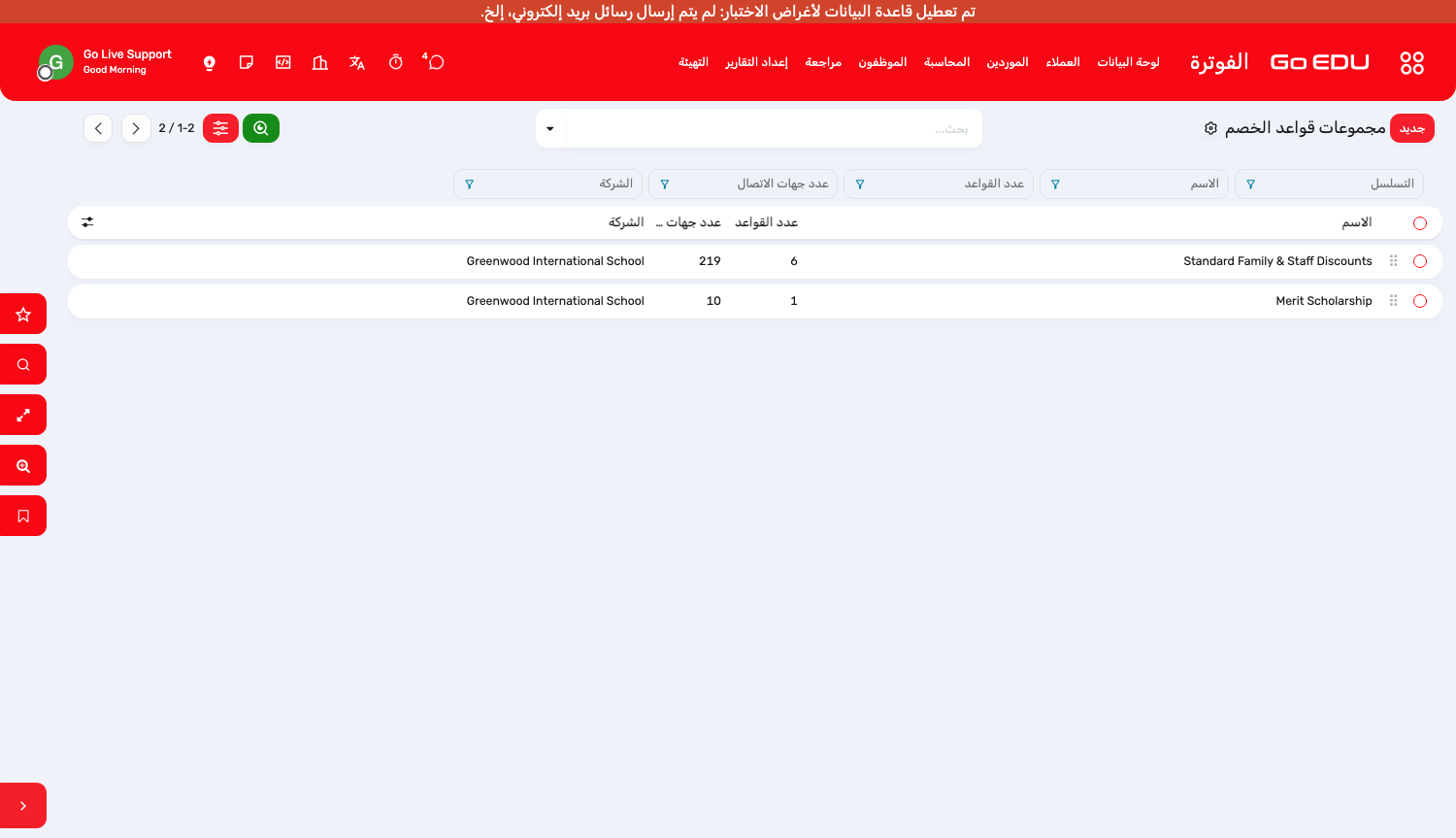 مجموعات قواعد الخصم، وعدد القواعد في كل منها والأسر المرتبطة بها